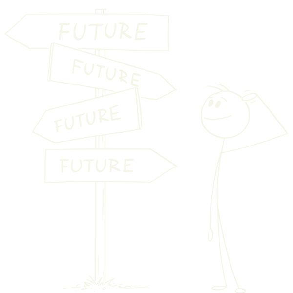 Personnage perplexe face à des panneaux 'Future'